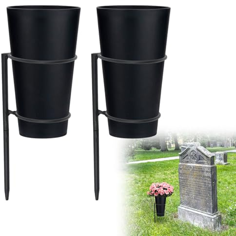 2 Pack Metal Cemetery Vases, Memorial Grave Vases with Stakes, Flowers Holder for Cemetery Grave, Headstone Vase with Ground Spikes Plastic Pot for Fresh or Artificial Flowers, for Lawn Yard Funeral