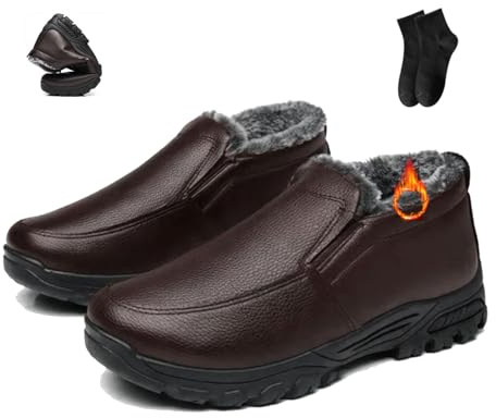 POIOZXD Botas de invierno de cuero para hombre, impermeables, antideslizantes, cálidas, ortopédicas, de piel de vaca, impermeables, de forro polar, sin cordones, para hombre, Brown, 42 EU