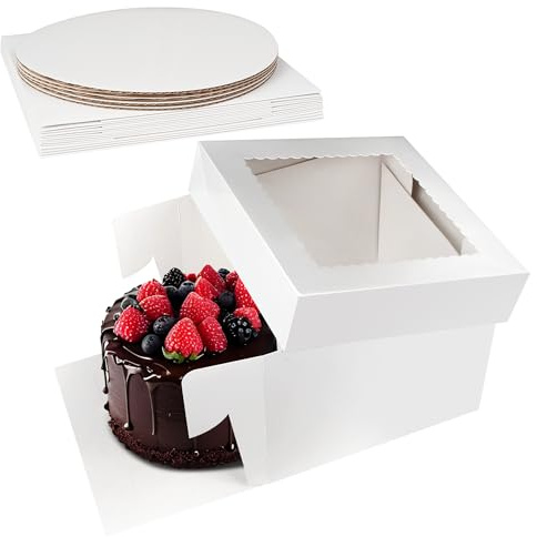 Nuangoo 5er Pack Tortenbox Set,Tortenkarton,Tortentransportbox, Tortenkarton Hoch mit Fenster, Tortenschachtel mit Kuchenbrett Cake Board,geeignet für Torten, Desserts, Gebäck und Kekse (10x10x8inch)