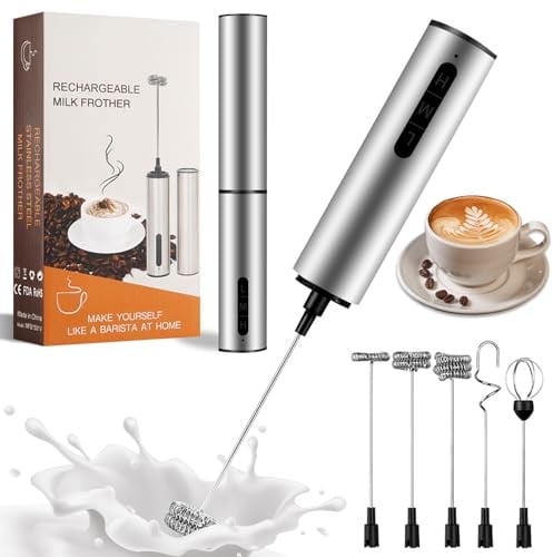 Espumador de Leche Eléctrico, USB-C Recargable, con 3 Velocidades y 5 Accesorios, Batidor de Mano Portátil en Acero Inoxidable para Café, Latte, Cappuccino, Matcha, Nata, Huevos, Chocolate (Plata)