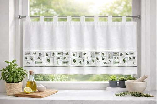 KAMACA Bistrogardine Kurzgardine mit Schlaufen & Kräuter-Motiv Weiße Küchengardine Halbtransparent Kurzstore Scheibengardine Küche & Esszimmer Lichtdurchlässiger Sichtschutz (HxB 50x140 cm Diana)