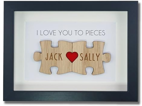 Personalised Wooden 'I Love You To Pieces' Valentine's Day Puzzle Pieces Couple Box Frame - Add your names - Anniversary, Birthday or Wedding
