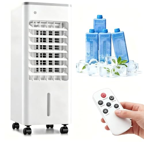 3-in-1 Evaporative Air Cooler with Remote, 6L Portable Air Cooler with 4 Ice Packs, Remote Control Water Cooling Fan with 3 Speeds, 3 Wind Modes & 7.5H Timer, Air Cooler Fan for Home Office (White)
