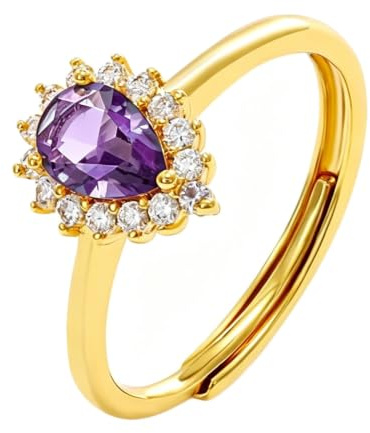 Hochzeitsband 9K/14K/18K Gold mit Tropfen Lila Amethyst Offener Ring Vintage Blumen Gr.47-65