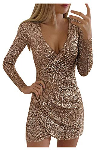 Susenstone Robe Femme à Paillettes Mi-Longue De Soiree Pas Cher A La Mode éLéGant Robe Femme Cocktail Vintage Manche Longue Chic Sexy Midi Dress (S, Or)
