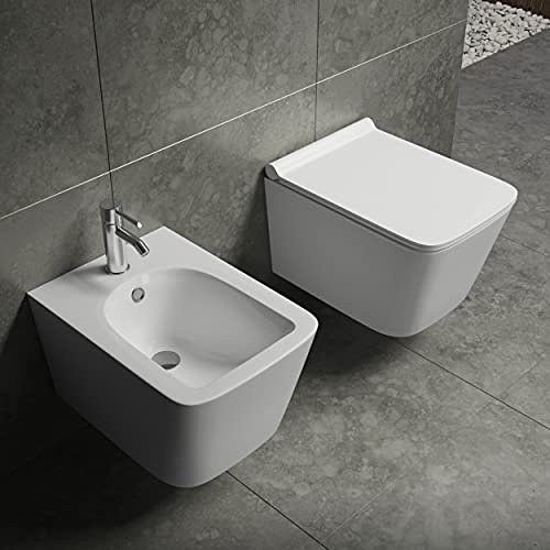 Vaso e bidet sospeso senza brida sistema di scarico rimless e sedile soft close chiusura rallentata