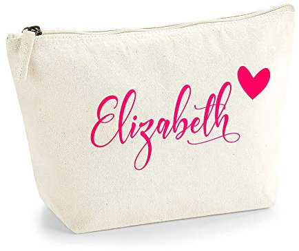 Personalisiert Name Initialen & Herz Kosmetiktasche Damen Schminktasche für Handtasche Makeup Tasche - Glitter oder Flocke Material Druck - Neonrosa Flocke - L | Natürlich