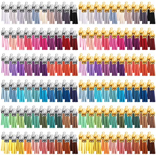 Duufin 240 Stück Quasten Anhänger Troddel Anhänger Leder Quasten 38mm Mini Quasten Bunt Quaste für Basteln Schlüsselanhänger Armband Taschen, 60 Farben (Gold und Silber Kappe)