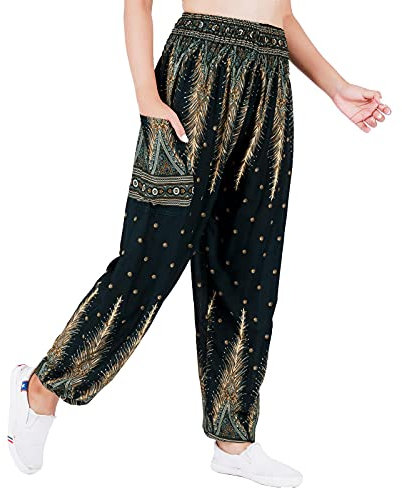 Lofbaz Yoga Boho Hosen für Damen Harem Hippie Kleidung Pyjamas Lounge Bekleidung Jogger Indian Bohemian Tanz Sommer Strand Pfauenschwanz Dunkelgrün S