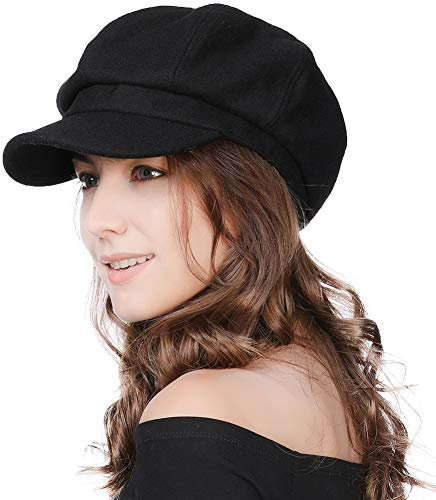 Comhats Damen warme Schirmmütze Wolle Barett Maler Mütze mit Visor Baumwollefüllung Schwarz