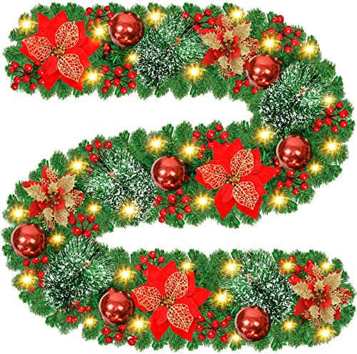 Guirnalda de Navidad, 2,7 Metros Guirnaldas navideñas con Luces LED, Corona de Frutos Rojos para Escaleras Chimeneas Puertas, Guirnaldas navideñas Artificiales Decoración Interior Exterior