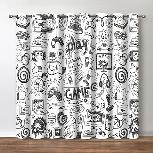Jekeno Video Gamer Blackout Curtains - Gaming Theme Controller Gamepad Computer Game Drapes Decor Playroom Bedroom Living Room Darkening Grommet Window Treatments 2 Panels Set, Black White 52x 84