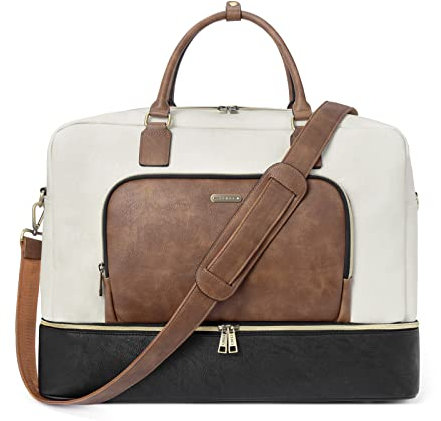 CLUCI Reisetasche Damen PU Leder Gepäck Umhängetasche Schuhfach Weekendertasche Handgepäck Sporttasche Freizeittasche Beige Schwarz mit Braun