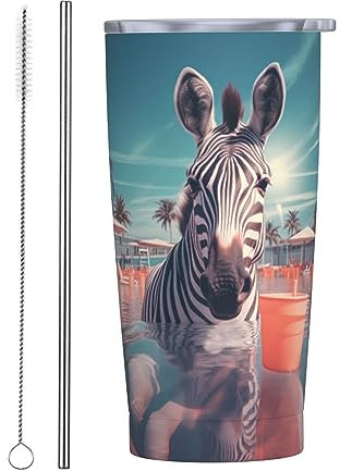 cfpolar Zebra - Vaso de acero inoxidable de 20 onzas, taza de café aislada de acero inoxidable con tapa y pajita, botella de agua duradera para bebidas frías y calientes
