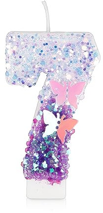 Purple 7 Butterfly Birthday Candles - 3D Glitter Sequin Numeral Candles for First Birthday Cake Topper Decorations