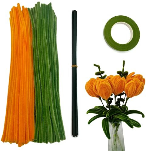 200 Stück Pfeifenputzern mit Blumendrähten und Blumenband,Pfeifenreiniger-Kit Chenilledraht für die Herstellung von Tulpensträußen, DIY-Bastelprojekten und Dekorationen (orange + grün)