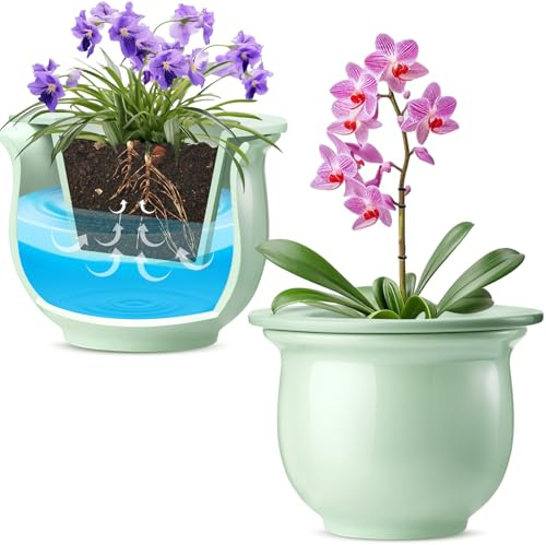 Suclain Lot de 2 pots de fleurs violettes africaines en céramique à arrosage automatique sans effort pour les amoureux occupés, intérieur (vert, 16,5 cm)