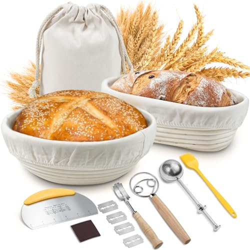 Gärkörbchen Set, Sopito Gärkörbchen für Brot 23cm Rund & 24,5cm Oval Gärkorb mit Leinentuch, Teigschaber, Silikon Teigbürste, Teigbesen, Bäckermesser, Mehlsieb, Aufbewahrungsbeutel