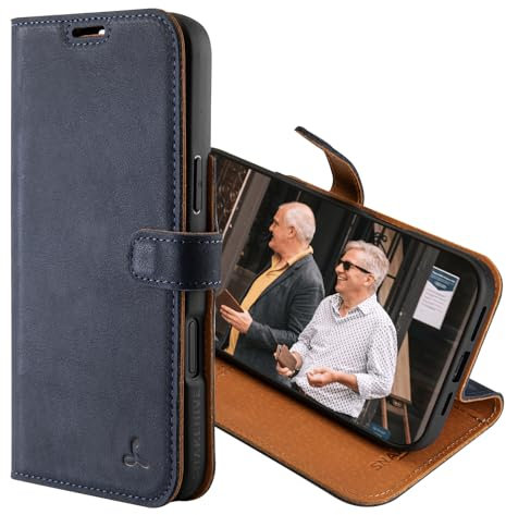 Snakehive Leather Wallet for iPhone 16 Plus - Real Leather Wallet Phone Case with Viewing Stand and Card Holder - Flip Folio Cover with Card Slots (Navy)