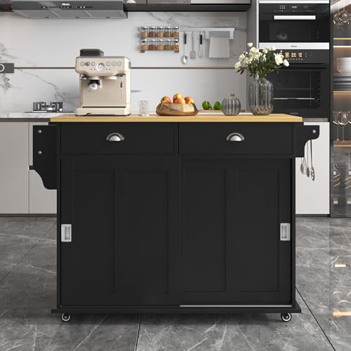 Merax Kücheninselwagen mit abklappbarer Arbeitsplatte, Küchenschrank Esszimmerwagen auf Rollen mit 2 Schubladen & verstellbare Tür, Esszimmer bewegliche Kücheninsel, 112x40(70) x94 cm, Schwarz