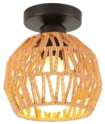 LIGKIN Deckenleuchte Vintage E27 Hängelampe Lampenschirm aus Metall und Papierkordel Deckenlampe Industrielle Deckenleuchten für Schlafzimmer Wohnzimmer Flur Korridor, Ø16CM