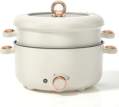 Electric Hot Pot 3L Mini Portable Electric Pan Non-Stick Multi-Cooker with Lid Temperature Adjustments For Travel/Dormitory (Beige)