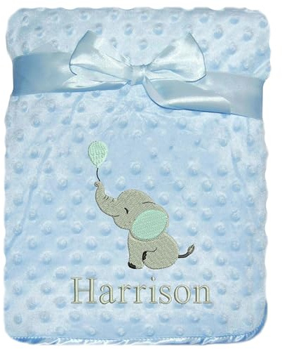 JJLC Personalised Baby Bobble Blanket Embroidered Elephant & Name Soft Fleece Wrap Boys Girls (Blue Bobble)