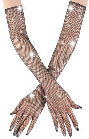 Fjquamitix Fishnet Gloves Sparkly Rhinestone Long Mesh Gloves 80s Fashion Arm Sleeves Evening Party Cosplay Costume Halloween Accessories for Women & Girls
