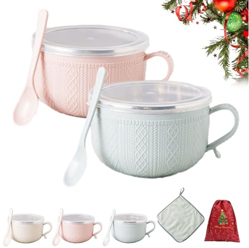 Nuovo Set di 4 Tazze da 750 ml con Coperchio - Tazze da 750 ml con Coperchi, Set di 4 Tazze per Pasti Natalizi per Zuppe, Minestre, Pasta, Insalata, Cereali, Lavabili in Lavastoviglie (2PCS-C)