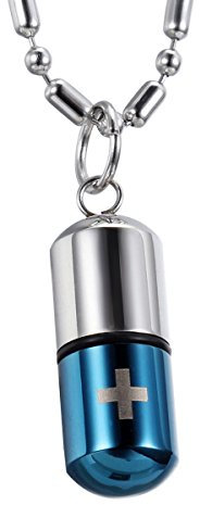 Oidea stainless steel pill box pendant, SOS cross capsule pendant with 55 cm necklace, in silver and blue colour for men and women