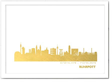 Ruhrgebiet Skyline Bild Wandeko, Personalisierte Geschenkidee für Besondere Anlässe in S/W Rose Gold Silber Kupfer - Pesönlicher Text & Rahmen A4/A3