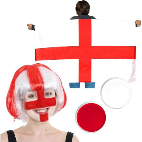 I LOVE FANCY DRESS SPORTS SUPPORTER ACCESSORIES - LARGE ENGLAND FLAG CAPE + ST. GEORGE'S CROSS FLAG BOB WIG + RED AND WHITE FACEPAINT - ADULTS ENGLISH FOOTBALL FAN ACCESSORY SET (ONE SIZE)