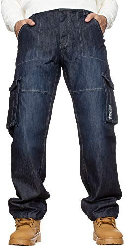 Enzo Jeans de combat pour homme - Pantalon de travail cargo décontracté en denim - Grande taille, Dark Stonewash, W36/L32