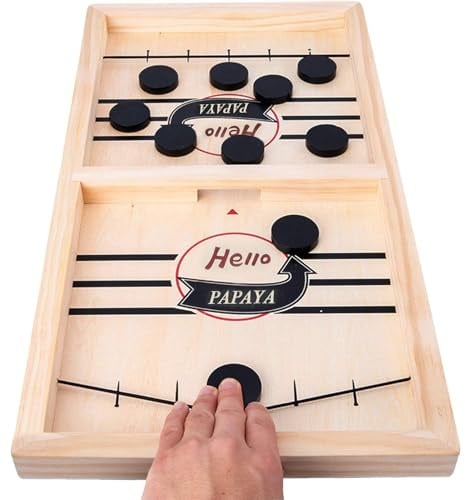 HELLO PAPAYA Fast Sling Puck Game - Test Your Speed and Accuracy with This Fast-Paced Wooden Air Hockey Desktop Battle Board Game - Guaranteed Fun Gifts for Family Night or Friends Party