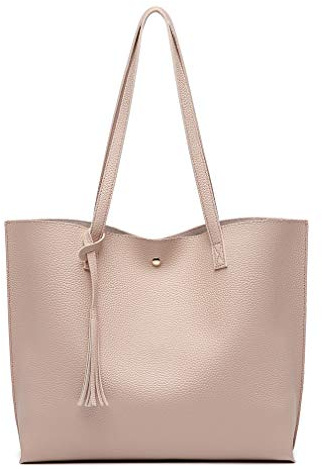 Dreubea Damen-Schultertasche aus weichem Kunstleder mit großen Quasten und großer Kapazität, Beige (Apricot Pink), Large