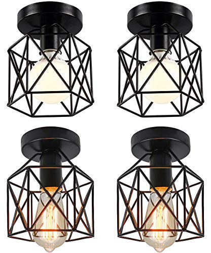 iDEGU Lot de 4 Plafonniers Industriels, 15CM Lustre Fer Forge Noir Cage Suspension Luminaire pour Chambre Entrée Café Bar (4 pcs)