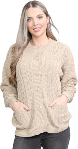 pretty attitude Women Winter Chunky Cable Knit Ladies Long Sleeve Aran Crew Neck Warm Cardigan (Beige Aran Bw, 14)