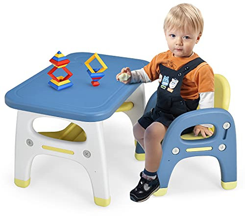 COSTWAY Kindertisch mit Stuhl, Kindersitzgruppe mit Bauklötze & Ablage, Maltisch Basteltisch Kinder mit Dinosaurierdesign, Kinder Tisch Stuhl Set für Kinder über 3 Jahren (Blau)