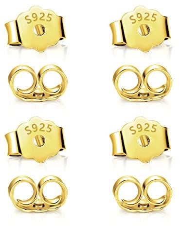 ASH'S CHOICE 8Pcs 925 Sterling Silver Gold Earring Backs Replacements for Posts 4Pairs Pierced Earring Backings Secure for Studs Hypoallergenic Safety Locking Butterfly Ear Ring Stoppers