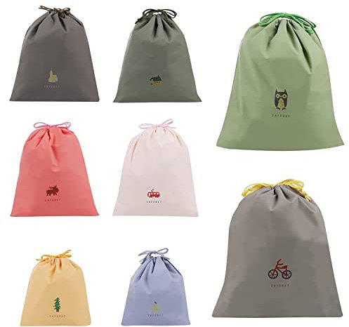 XPOOS 8 Pièces Sac à Cordon Imperméable, Sac Linge Sale Enfant, Pochette Tissu Cordon Rangement, Organiseurs De Bagage Sacs Pour Voyage Camping Piscine 3 Tailles, (MCSM-FSSND-8P)