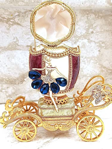 Vintage 1991 ONEOFAKIND Faberge egg Musical Engagement Ring Box for Proposal Unique 24k GOLD Carriage Huevos Faberge Egg Gift for Bride to be NATURALHANDCARVE Russian egg Princess SAPPHIRE DIAMOND