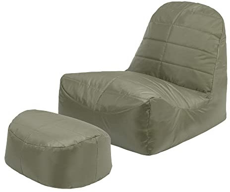 Veeva Vista Sitzsack mit Hocker, Olivgrün, Outdoor Sitzsack mit Füllung, Bean Bag, Wasserabweisender Stoff, Fußhocker für Wohnzimmer, Garten, Terrasse