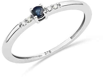 MIORE Schmuck Damen 0.02 Ct Diamant Verlobungsring mit Edelstein Geburtsstein natürlicher runder blauer Saphir umgeben von 4 Diamanten Brillanten Diamantring aus Weißgold 9 Karat (375) Gold
