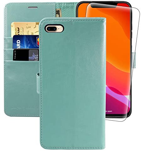 MONASAY Wallet Case for iPhone 7 Plus/8 Plus, 5.5-inch [Glass Screen Protector Included] Flip Folio Leather Cell Phone Cover with Credit Card Holder, Mint