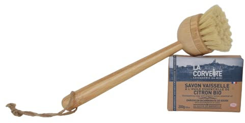 Kit Vaisselle zéro déchet-Brosse en Bambou et sisal-Savon à Vaisselle Citron Bio La Corvette- économique et écologique