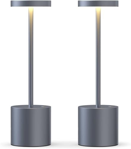 SLSMD Set of 2 Cordless Table Lamp IP54 Battery Operated Desk Lights 5000mAh Rechargeable Aluminum Metal Night Light 3 Color & Stepless Dimming Lamps Portable LED Lamps (2 Grey)