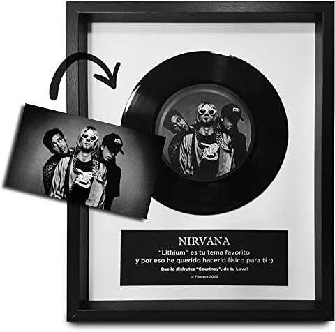 Cadre Décoratif, Cadeau Original, Personnalisable, Disque Vinyle avec Photo et Message Personnalisés dans Cadre en Bois et Verre à Suspendre ou à Poser (20x30 cmDisque 7 Original + Panneau Noir)