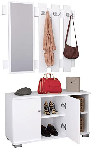 VCM Holz Sitzbank | 2-TLG.-Set | Schuhschrank | Maße: H. 82 x B. 90 x T. 33 cm | Wandpaneel mit 3 Haken und einem Spiegel| 2 Drehtüren | 2 Fächer | 2 offene Fächer - Gados XL