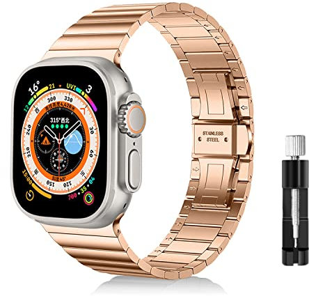 LanQii Correa Compatible con Apple Watch Series 10 46 mm/9/8/7 45 mm/Watch Ultra 2/1 49 mm, Acero Inoxidable Banda Pulsera para Apple Watch SE 2/1 44 mm/Watch Series 6/5/4 44 mm/3/2/1 42 mm, Oro Rosa
