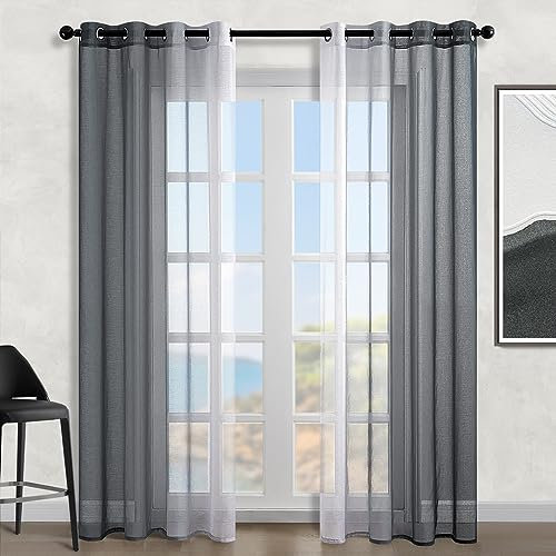 Topfinel Kurze Gardinen Weiss & Schwarzer Vorhang Kurz mit Ösen 160 Hoch Gardine Fenster Vorhäng Halbtransparente Schlaufenvorhang 140 cm Brite, 2er Set, Sonnenlicht Filtern, Sonnenschutz